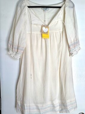 Kerri Rosenthal NWT Jo Mini Dress Contrast Stitch Ecru XL Boho Coastal $268